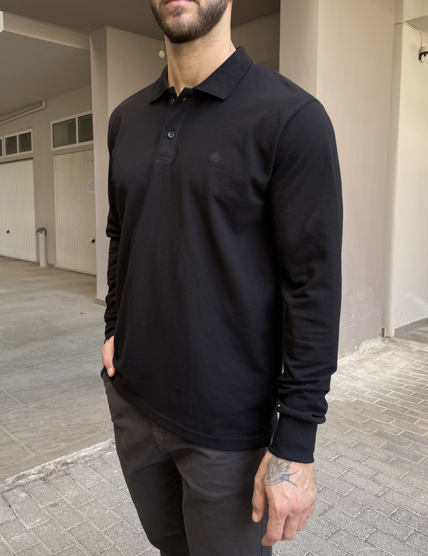 Everbest Ανδρική μαύρη πικέ Polo μακρυμάνικη μπλούζα Plus size 2610200M φωτογραφία